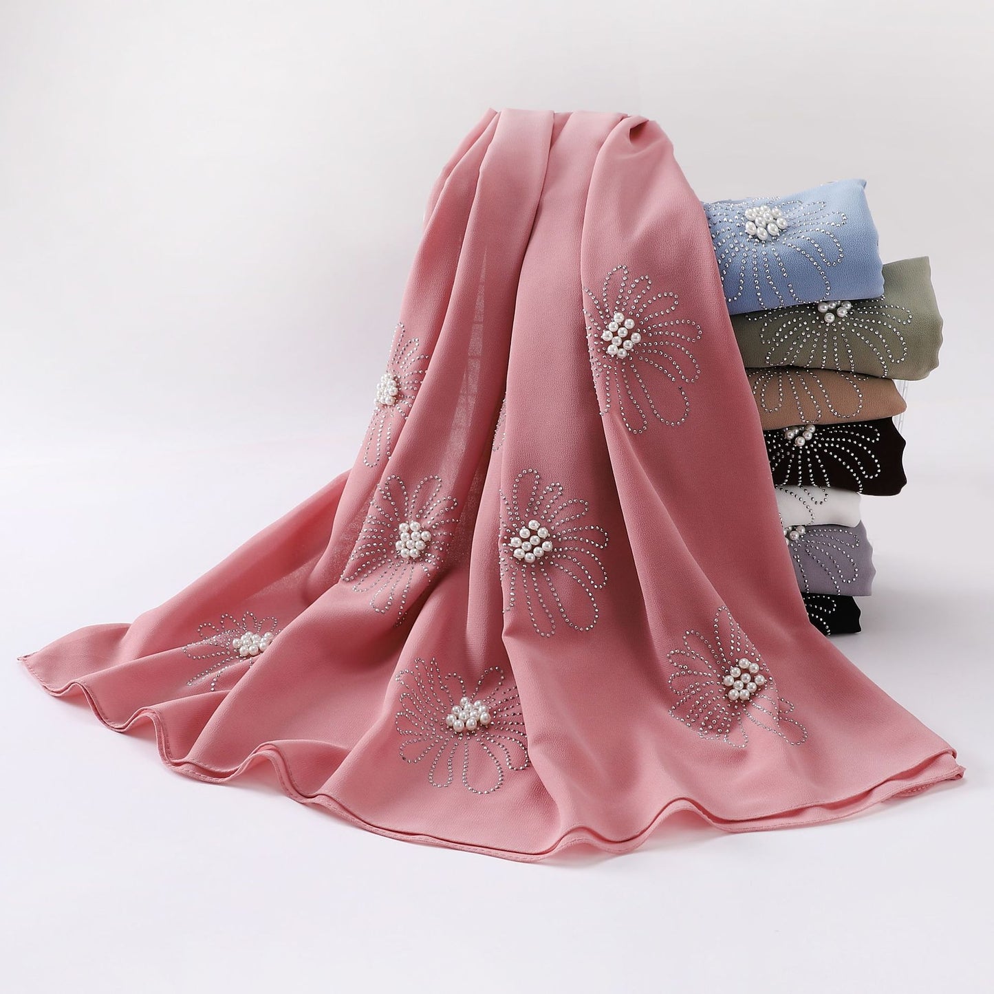 Floral Pearl Chiffon Beaded Hijab Scarf