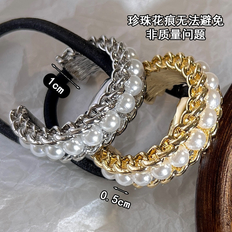 Golden Silver Chain Pearl Hair Tie - Retro U-Shaped Alloy Ponytail Band