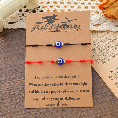 Halloween Demon Eye Braided Bracelet - Red & Blue 7-Knot Adjustable String for Couples