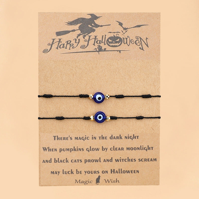 Halloween Demon Eye Braided Bracelet - Red & Blue 7-Knot Adjustable String for Couples
