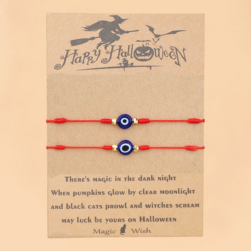 Halloween Demon Eye Braided Bracelet - Red & Blue 7-Knot Adjustable String for Couples
