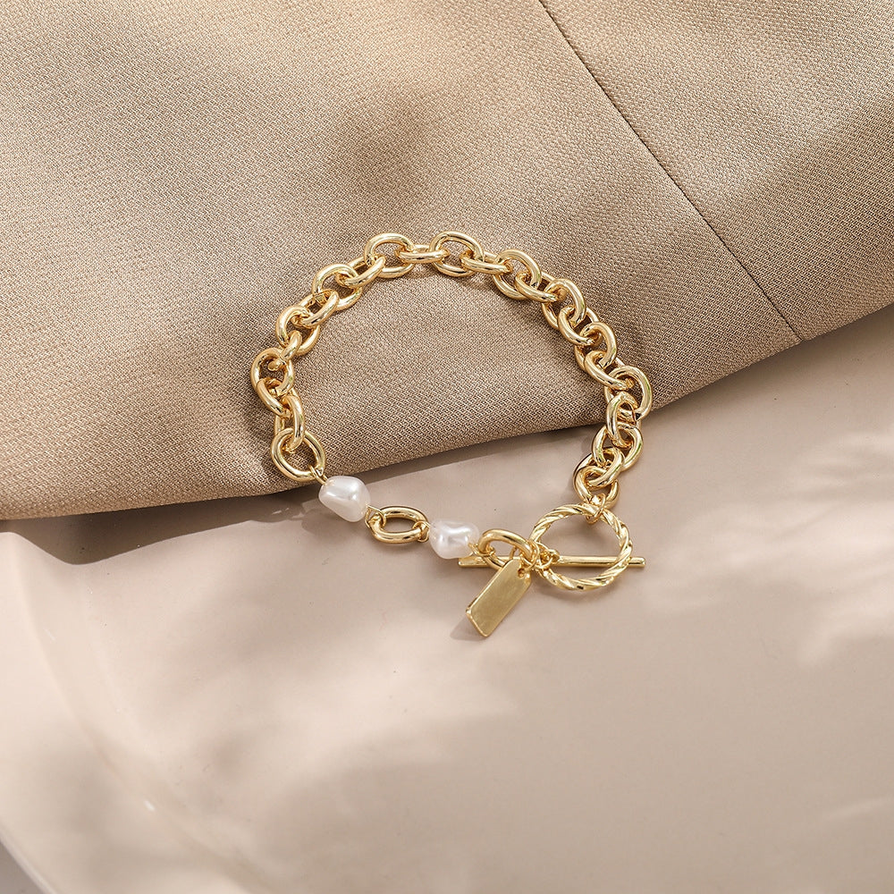 Metal Chain Geometric Pearl Alloy Bracelet Set for Women