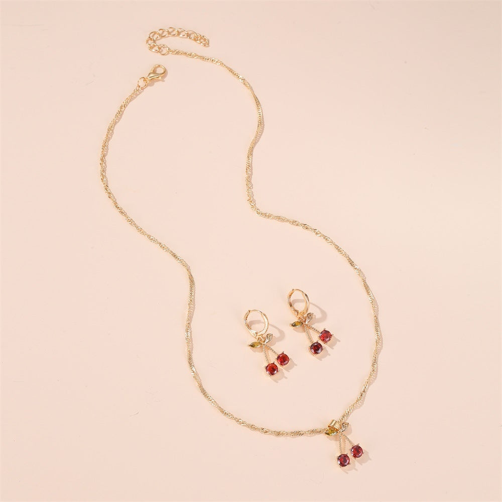 Elegant Pomegranate Red Cherry Crystal Necklace and Earrings Set for Weddings and Evening Parties