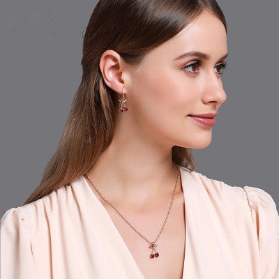 Elegant Pomegranate Red Cherry Crystal Necklace and Earrings Set for Weddings and Evening Parties