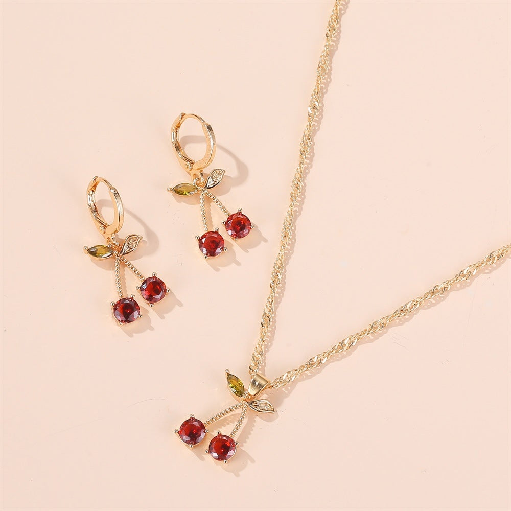 Elegant Pomegranate Red Cherry Crystal Necklace and Earrings Set for Weddings and Evening Parties