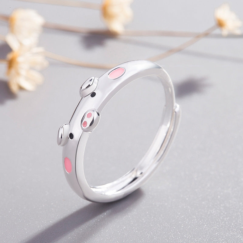 Silver-Plated Cute Piggy Adjustable Couple Ring