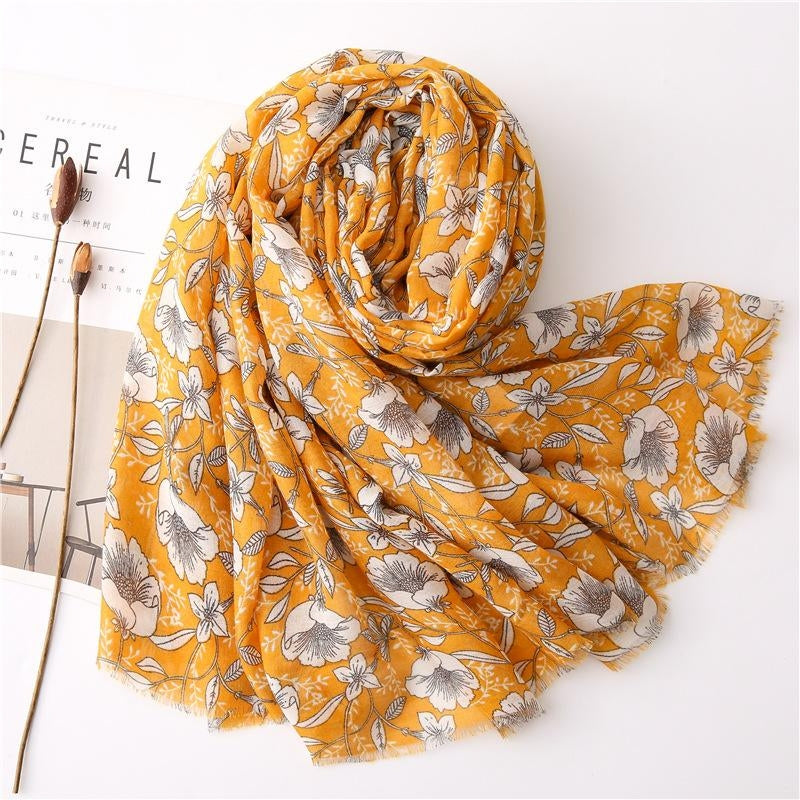 Gardenia Print Silk Cotton Linen Scarf and Beach Shawl for Women