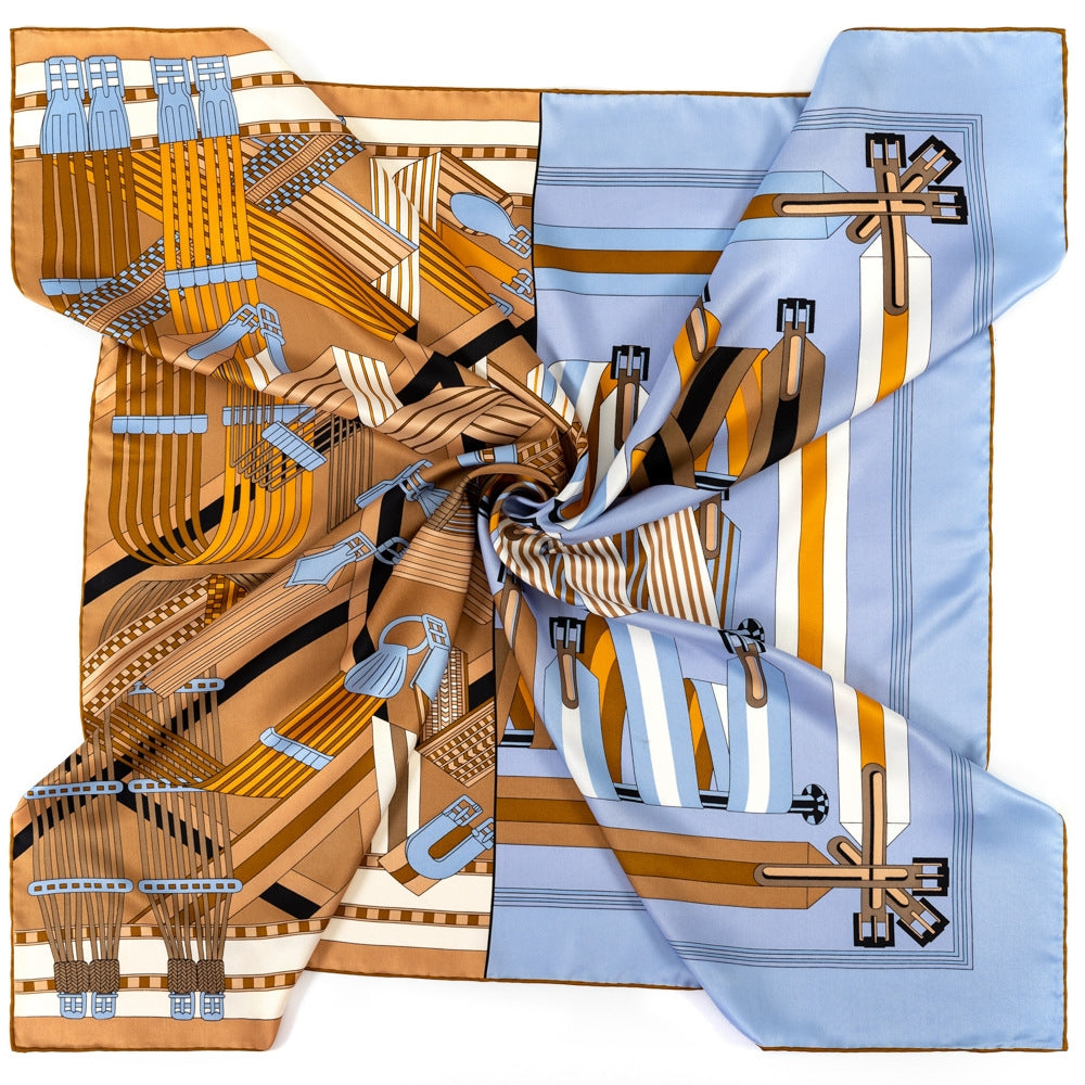 90cm Twill Silk Square Scarf with Striped Belt Print