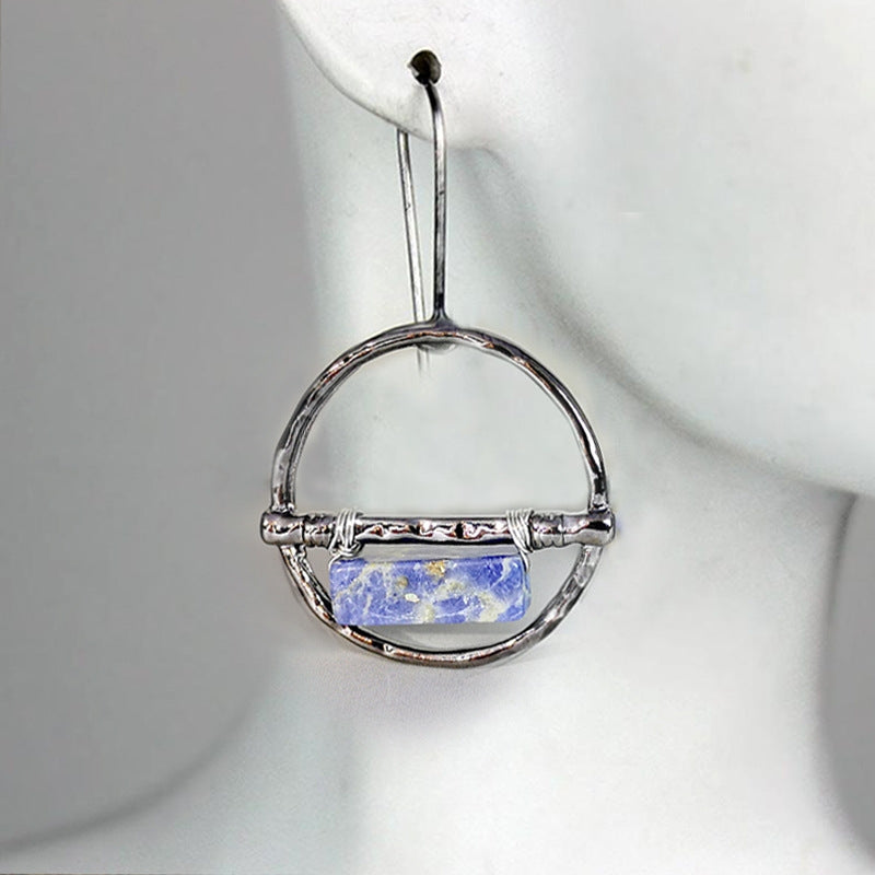Handcrafted Retro Lapis Lazuli Hoop Earrings in Silver Finish