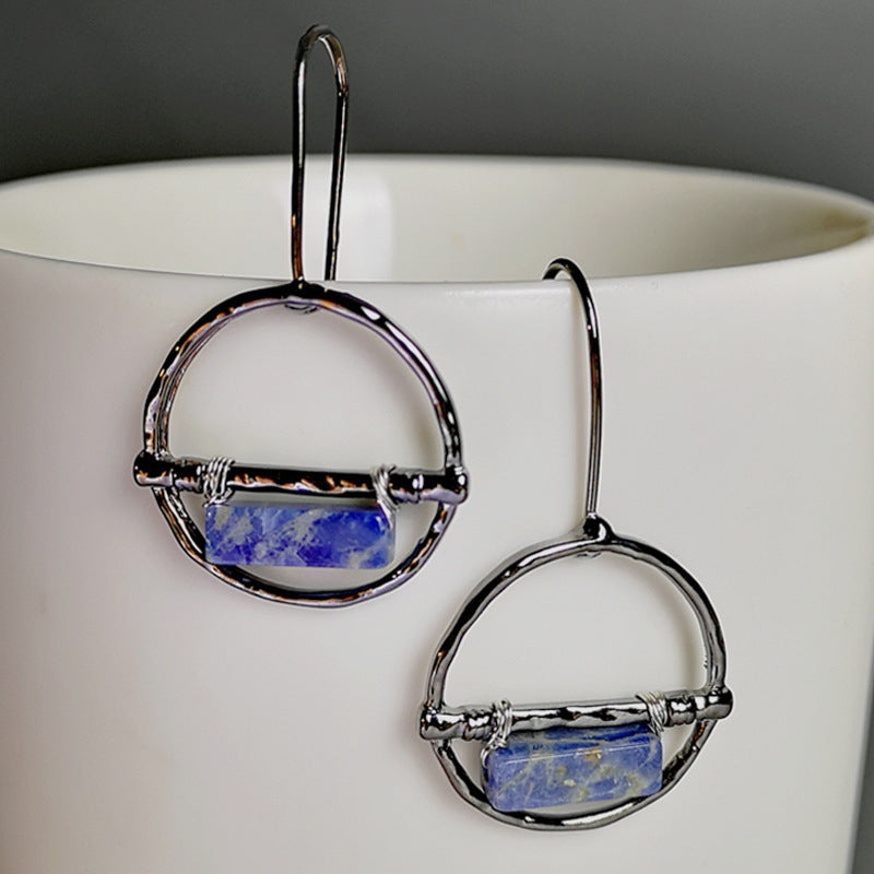 Handcrafted Retro Lapis Lazuli Hoop Earrings in Silver Finish