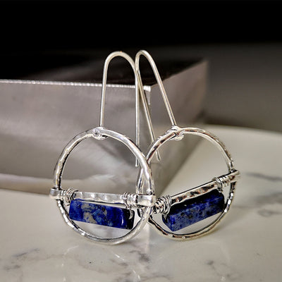 Handcrafted Retro Lapis Lazuli Hoop Earrings in Silver Finish