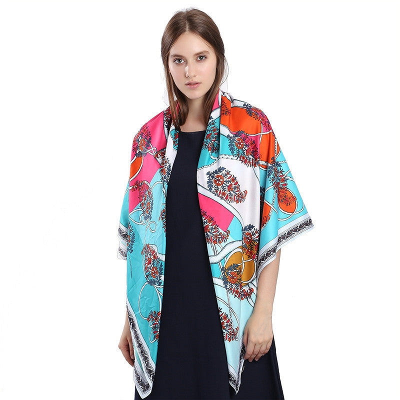 Equestrian Print Twill Silk Square Scarf 130cm Fashionable Shawl