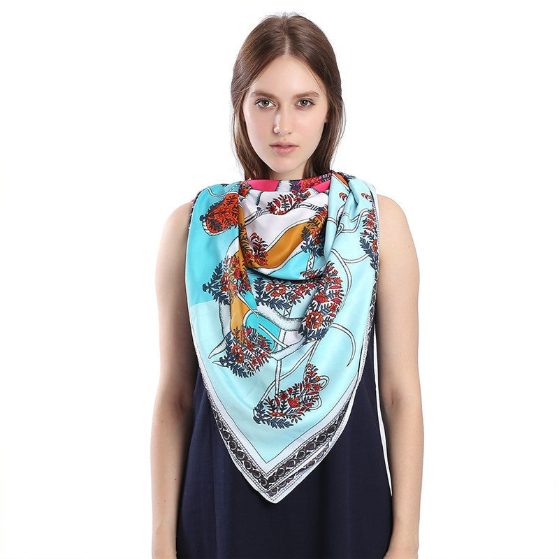 Equestrian Print Twill Silk Square Scarf 130cm Fashionable Shawl