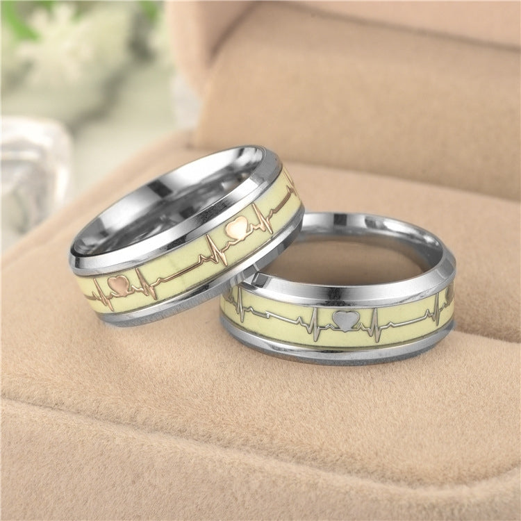 New Titanium Steel Fluorescent Double Dragon Electrocardiogram Ring