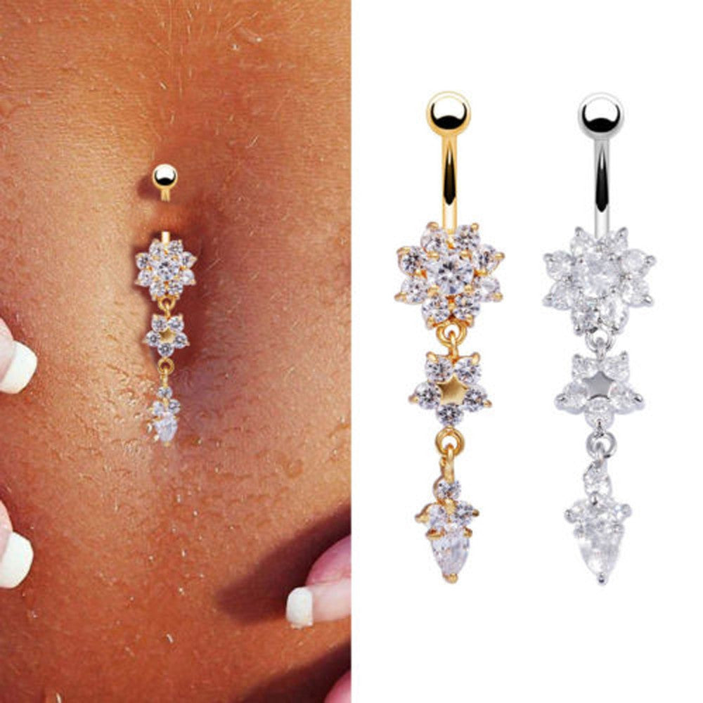 Elegant Water Drop Flower Pendant Belly Button Ring with Diamond Accents