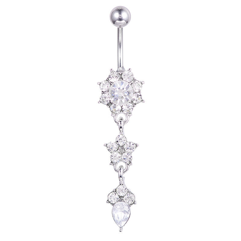 Elegant Water Drop Flower Pendant Belly Button Ring with Diamond Accents