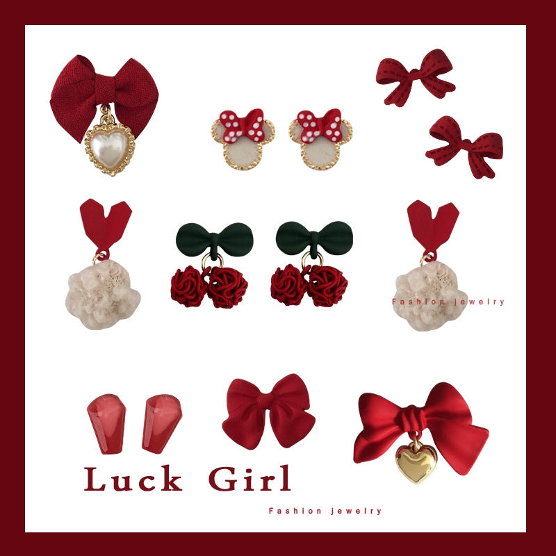 2023 Festive Red Bow Stud Earrings for Women