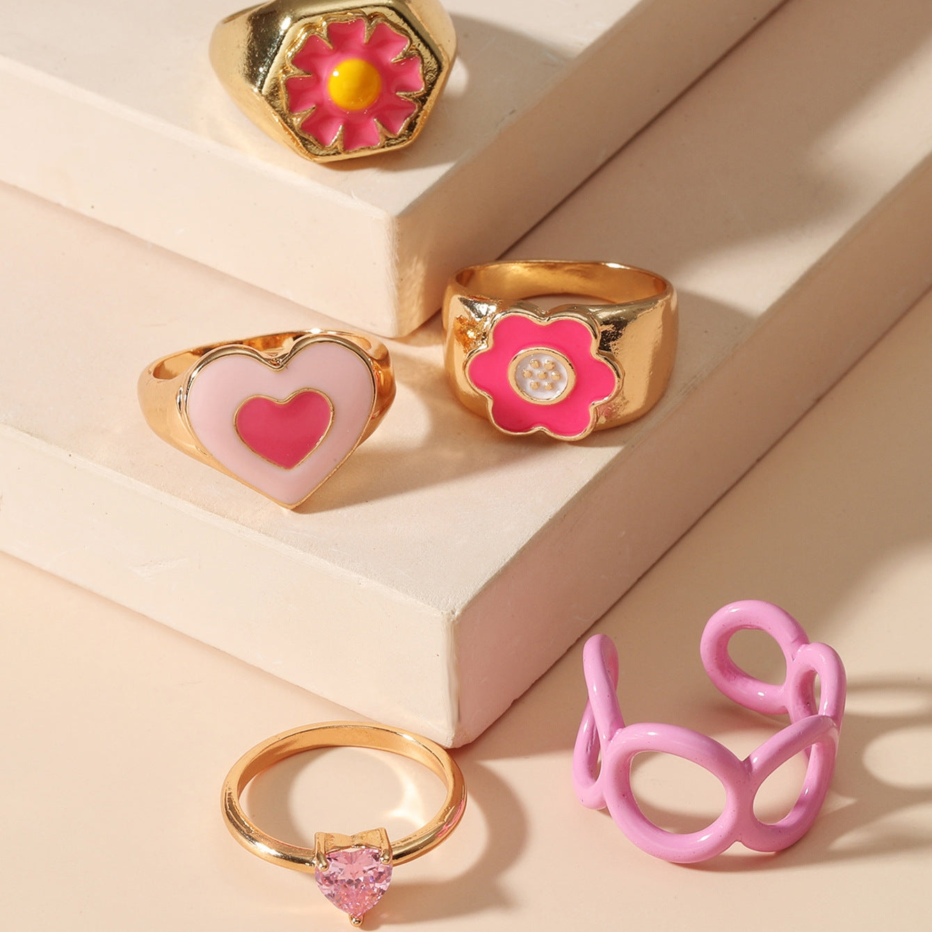 Zircon Flower Heart Geometric Ring Set - 5 Pieces