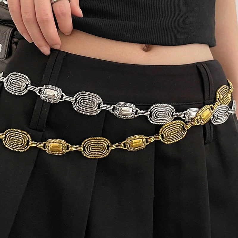 Niche Retro Ethnic Carved Silver Waist Chain Bohemian Metal Belt for Dresses and Shirts