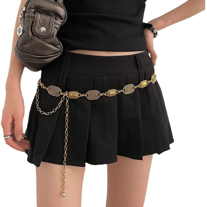 Niche Retro Ethnic Carved Silver Waist Chain Bohemian Metal Belt for Dresses and Shirts