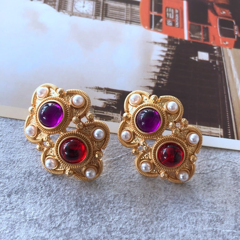 Colored Diamond Drip Glaze Electroplated Ear Clips with Silver Needle Studs