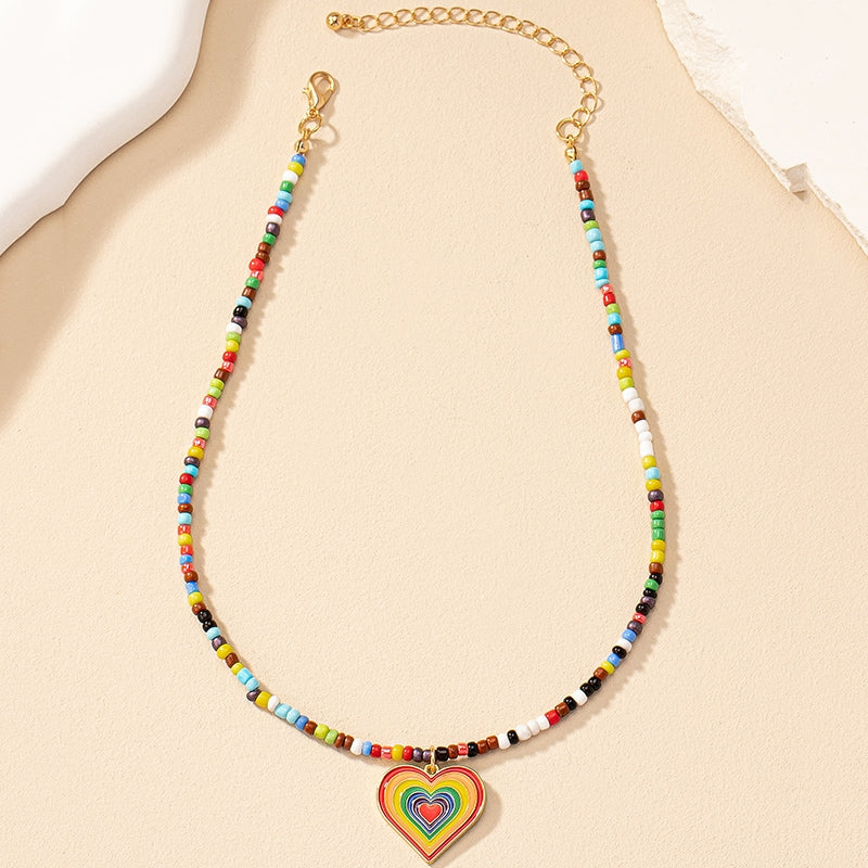 Nordic Bohemian Heart Pendant Beaded Alloy Necklace