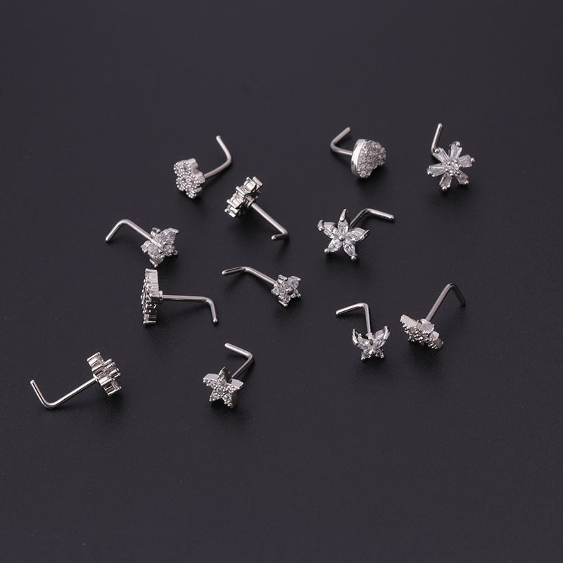 Fashion Flower 316L Stainless Steel Nose Rings & Studs with Micro Pave Zircon