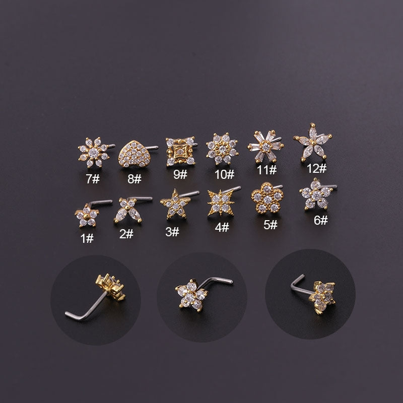 Fashion Flower 316L Stainless Steel Nose Rings & Studs with Micro Pave Zircon