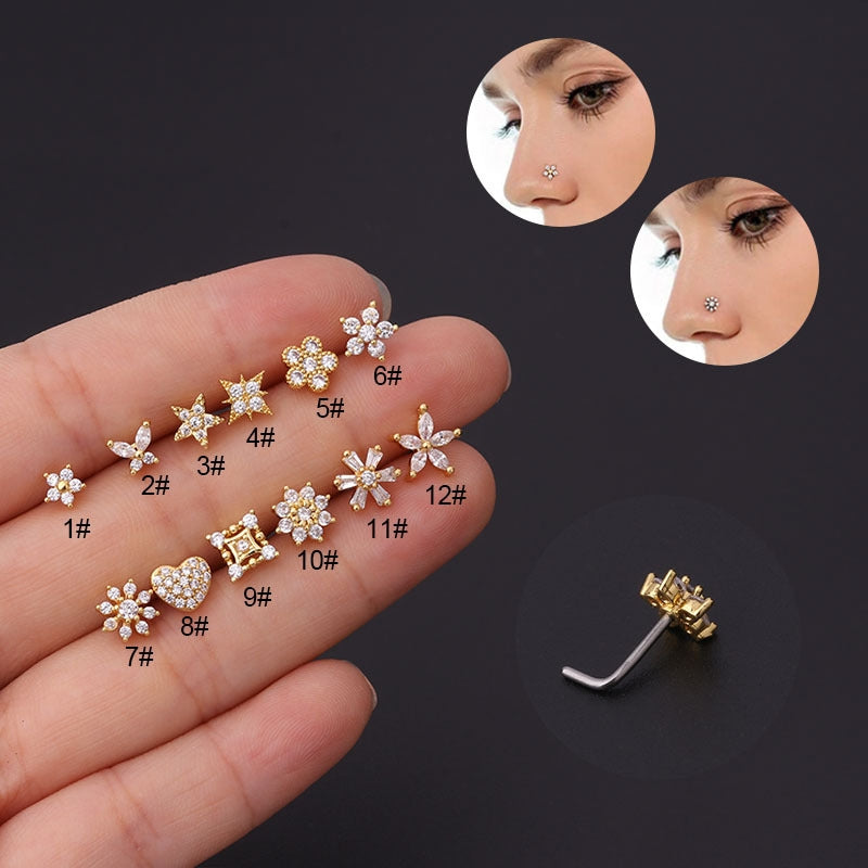 Fashion Flower 316L Stainless Steel Nose Rings & Studs with Micro Pave Zircon