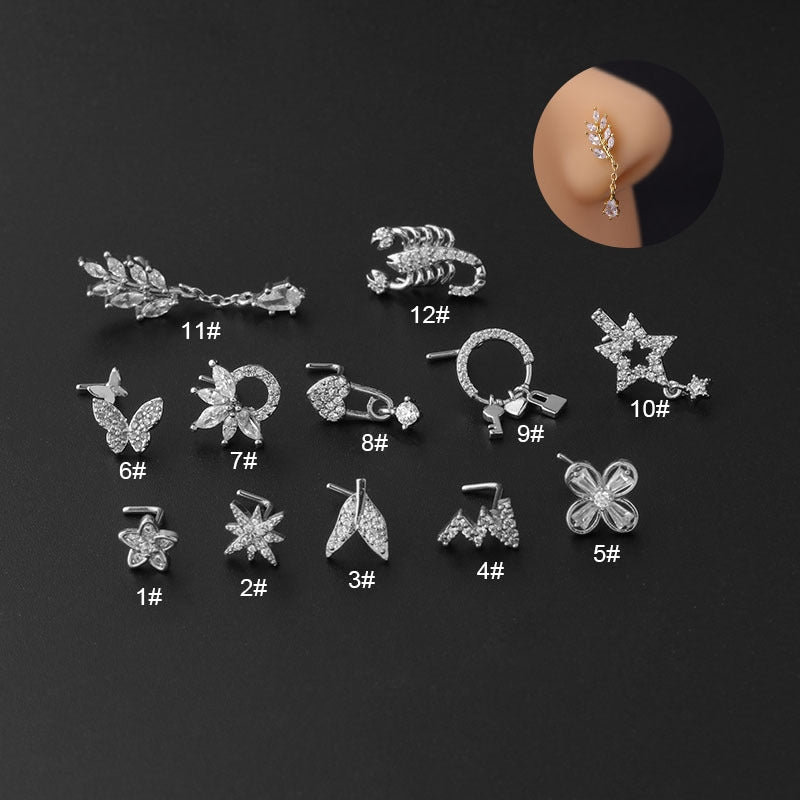 Geometric Zircon Nose Rings & Studs 316L Stainless Steel Copper Plated 20g Piercing Jewelry