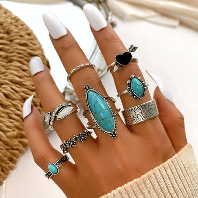 Vintage Turquoise Heart Stackable Women's Ring Set - 8 Pieces