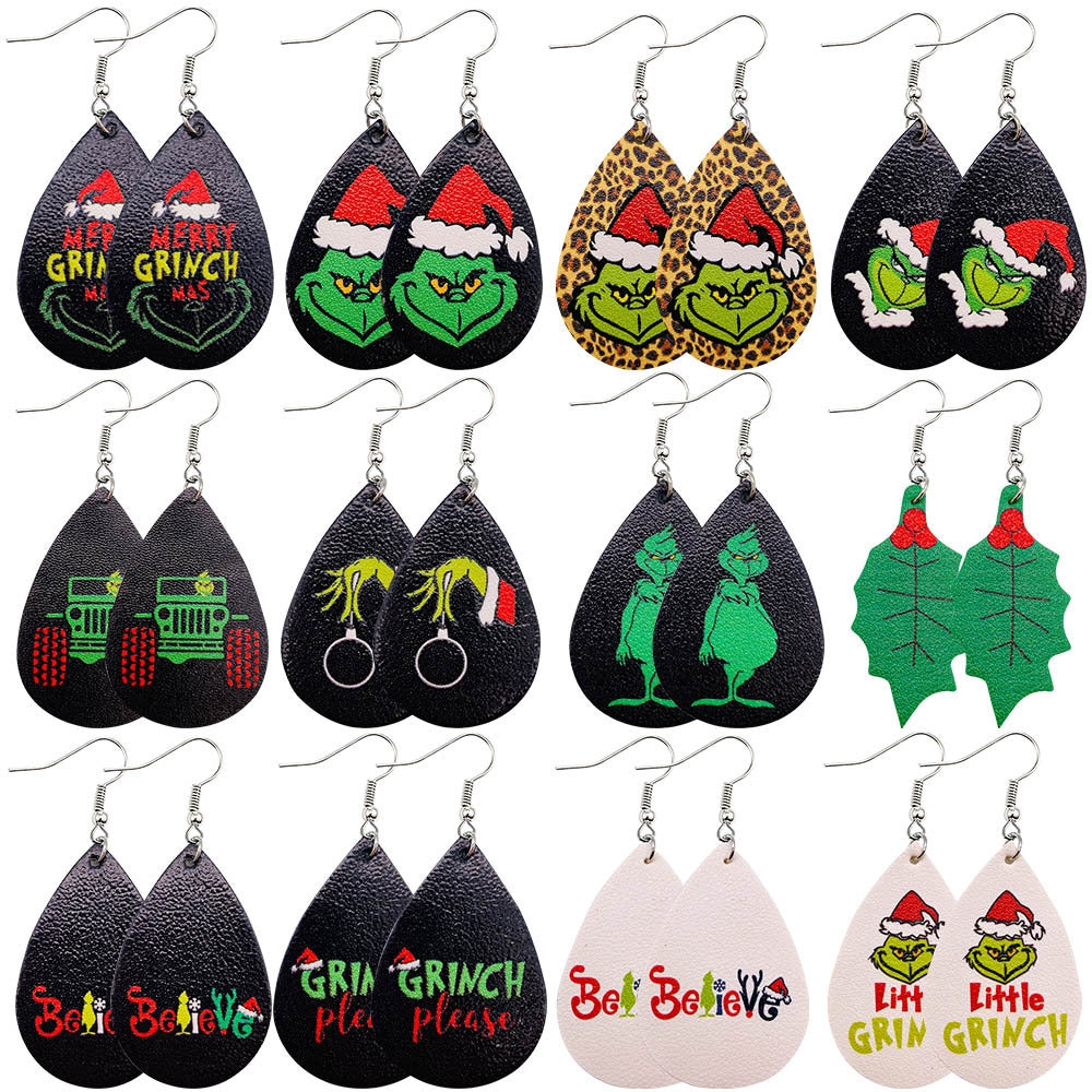 Novelty Christmas Green Frog PU Leather Water Droplet Earrings for Women