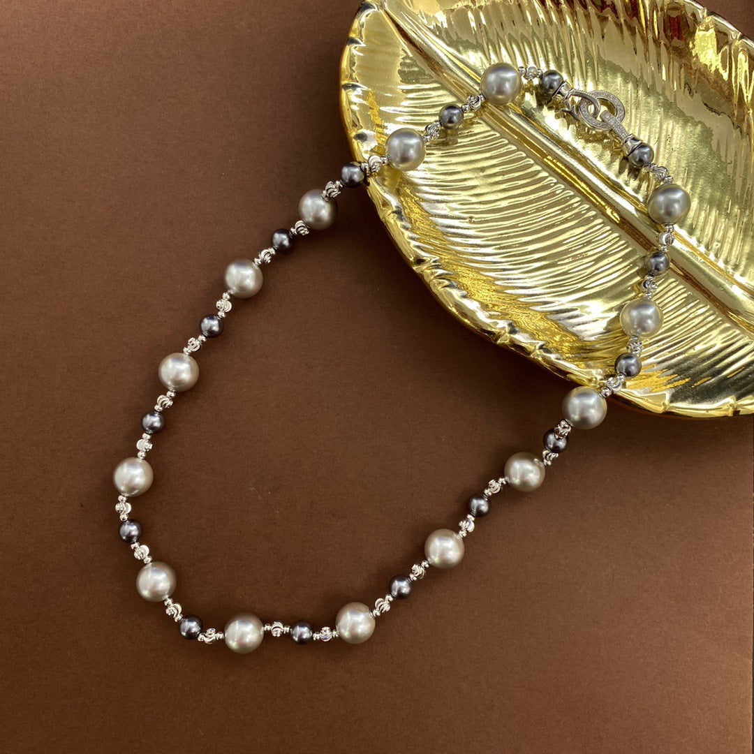 Simple Classic Round Imitation Pearl Necklace with Gray Pearl and High Carbon Diamond Clasp