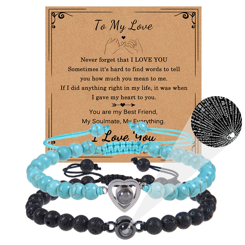 Romantic Heart Shape Natural Stone Projection Bracelets with 100 Languages Card Gift Set