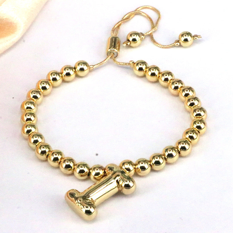 Copper Gold Plated Adjustable Initial Letter Beaded Bracelet for Women