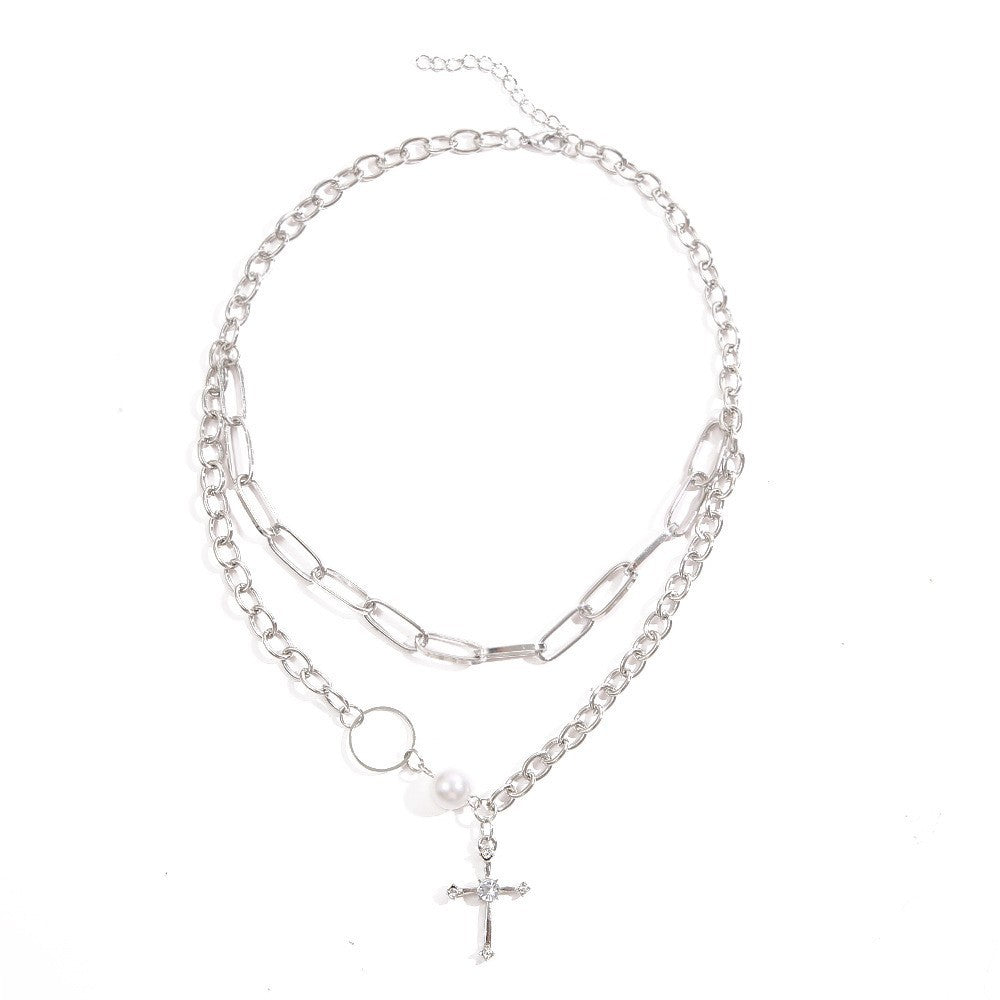 Simple Classic Cross Gold Plated Layered Necklace with Pearl Pendant