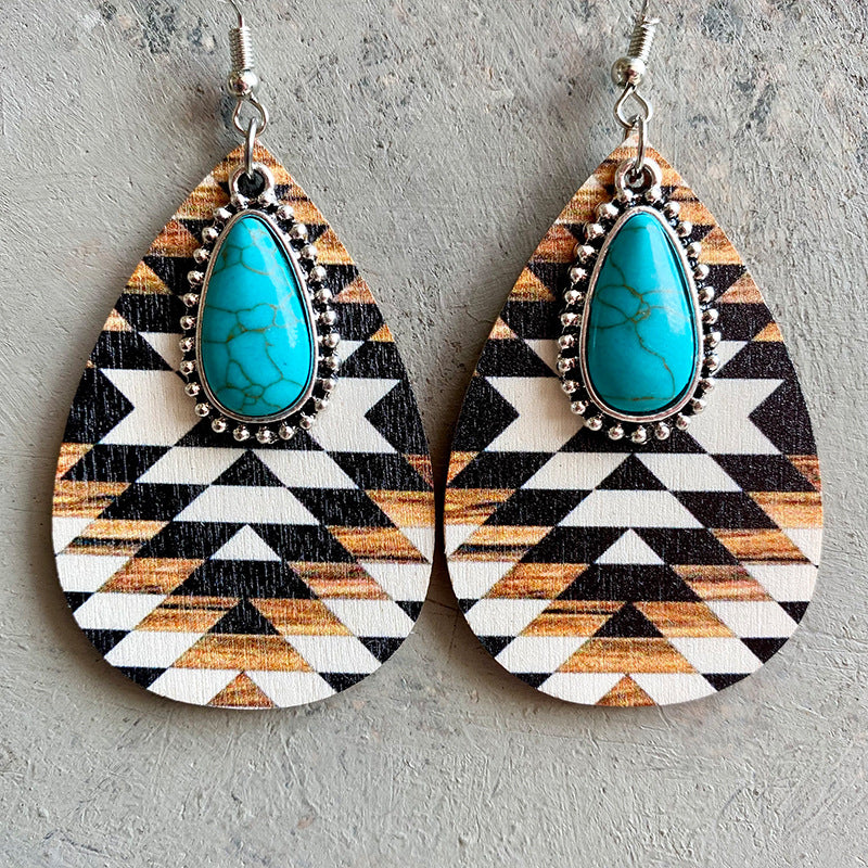 Retro Water Droplets Alloy Wood Inlay Turquoise Women'S Drop Earrings 1 Pair