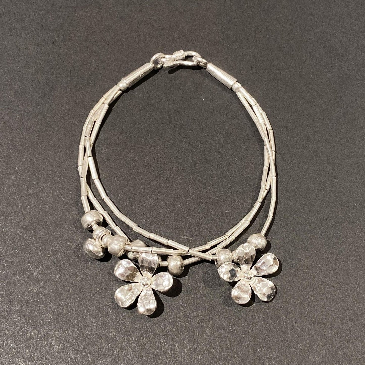 Modern Style S925 Sterling Silver Three-Layer Petal Flower Water Drop Tube Stacking Bracelet