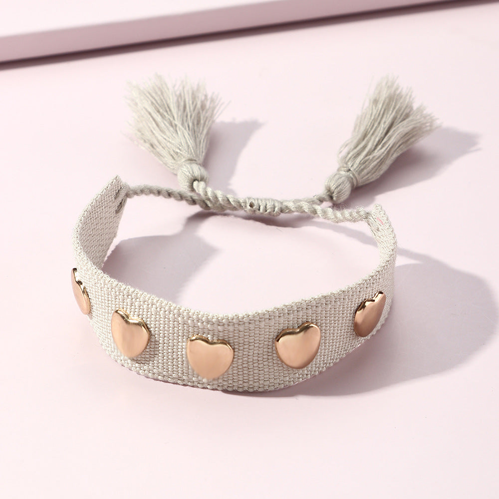 Fashion Simple Solid Color Woven Ribbon Heart-shaped Metal Bracelet