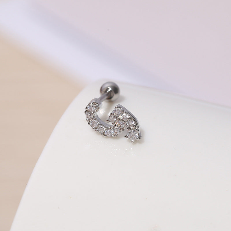 IG Style Shiny Letter Zircon Inlay Stainless Steel Cartilage Stud Earrings with Threaded Screw Closure