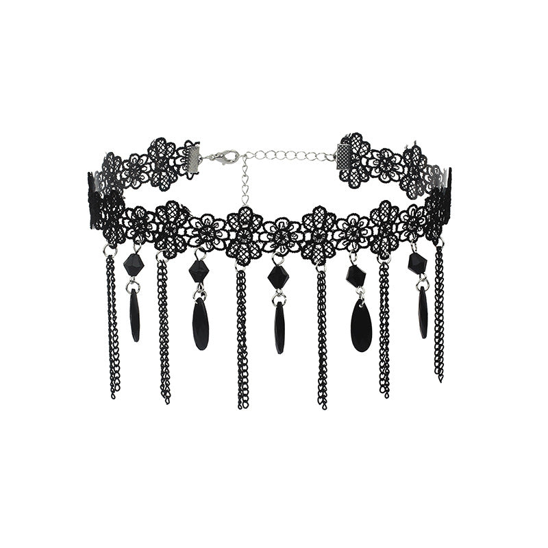 Gothic Dark Lace Tassel Choker Necklace for Women