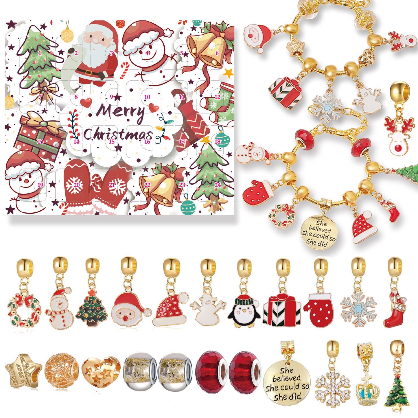 Santa Claus Alloy Plating Unisex Bracelet and Christmas Advent Calendar DIY Jewelry Set