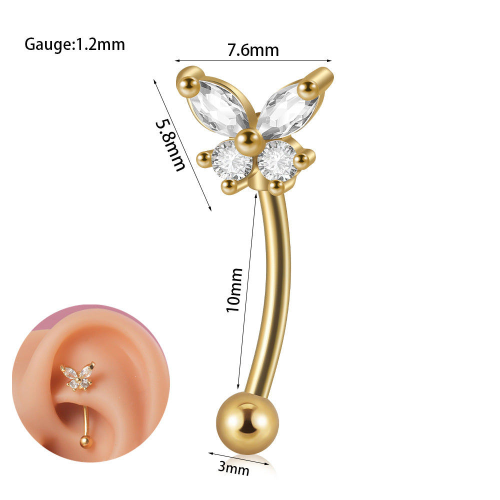 Butterfly Flower Heart Zircon Stainless Steel Cartilage & Lip Rings 18K Gold Plated Earrings