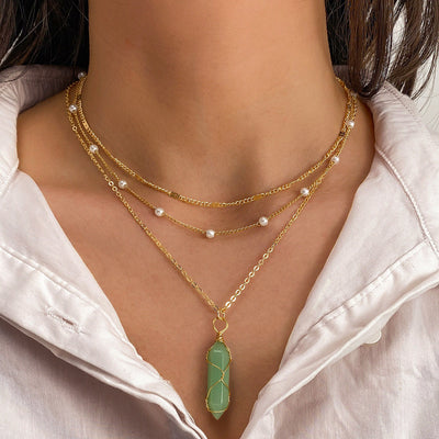 Casual Geometric Natural Stone Crystal Pendant Layered Necklace