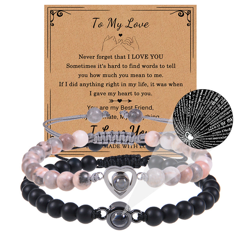 Romantic Heart Shape Natural Stone Projection Bracelets with 100 Languages Card Gift Set