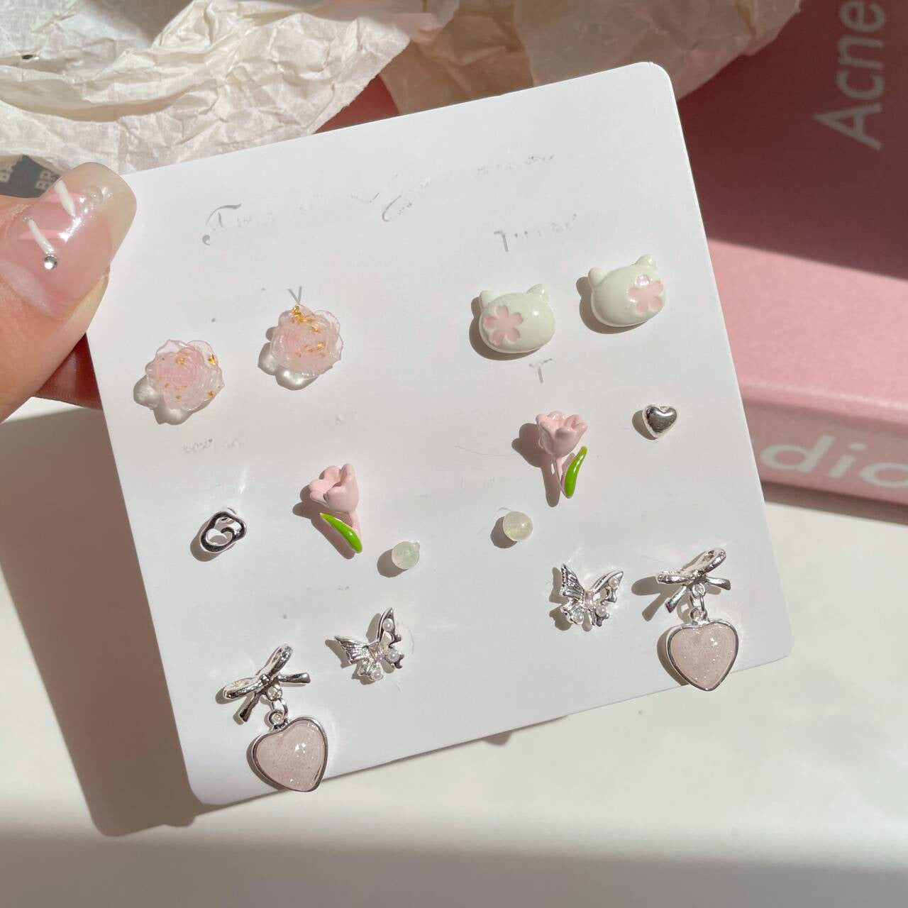 1 Set Enamel Inlay Leaf Insect Flower Pearl Ear Studs - Butterfly Floral Ear Cuff Set for Women