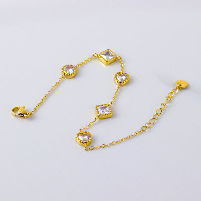 Elegant Geometric Heart Zircon Inlay 18k Gold Stainless Steel Bracelet