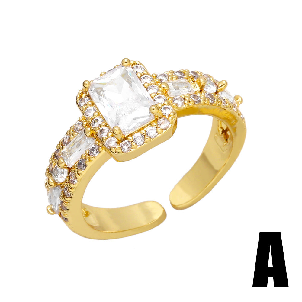 Fashion Minimalist Rectangle Zircon 18K Gold Plated Open Ring