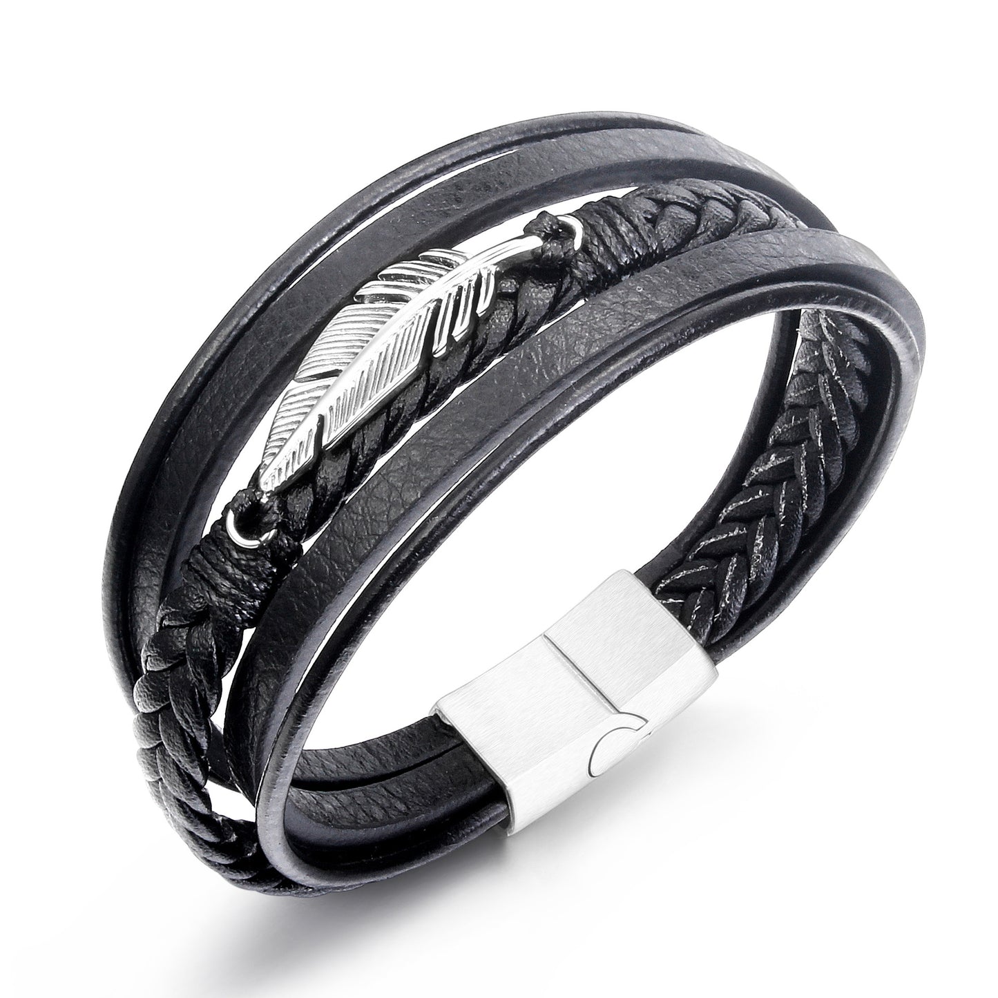 Casual Solid Color Stainless Steel and Multi-Loop Leather Men's Bracelet