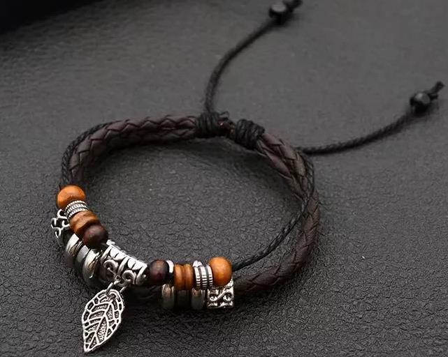 Vintage Ethnic Cross Leaf Alloy Wooden Bead Unisex Bracelet - European Retro Cowhide Handwoven Fashion